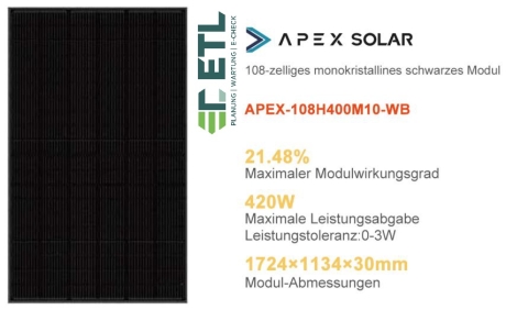 APEX SOLAR Photovoltaik Modul 420W rein schwarz