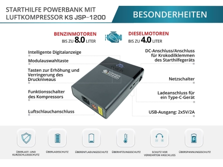 Starthilfe Powerbank mit Luftkompressor KS JSP-1200