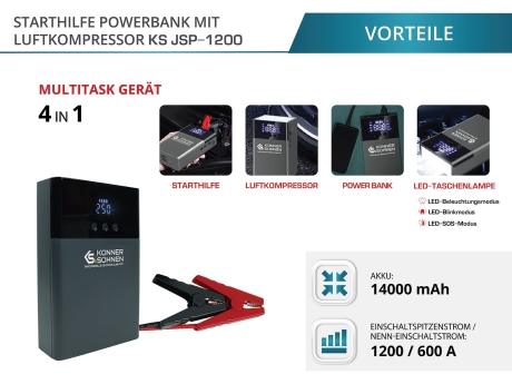 Starthilfe Powerbank mit Luftkompressor KS JSP-1200